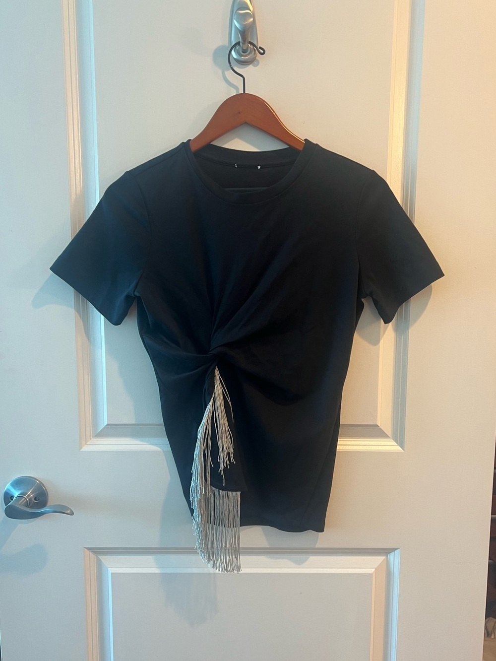 Black Women's Twist-Front Short Sleeve Top with Fringe